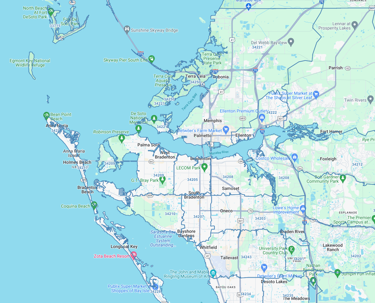 Map of the Manatee County, FL area