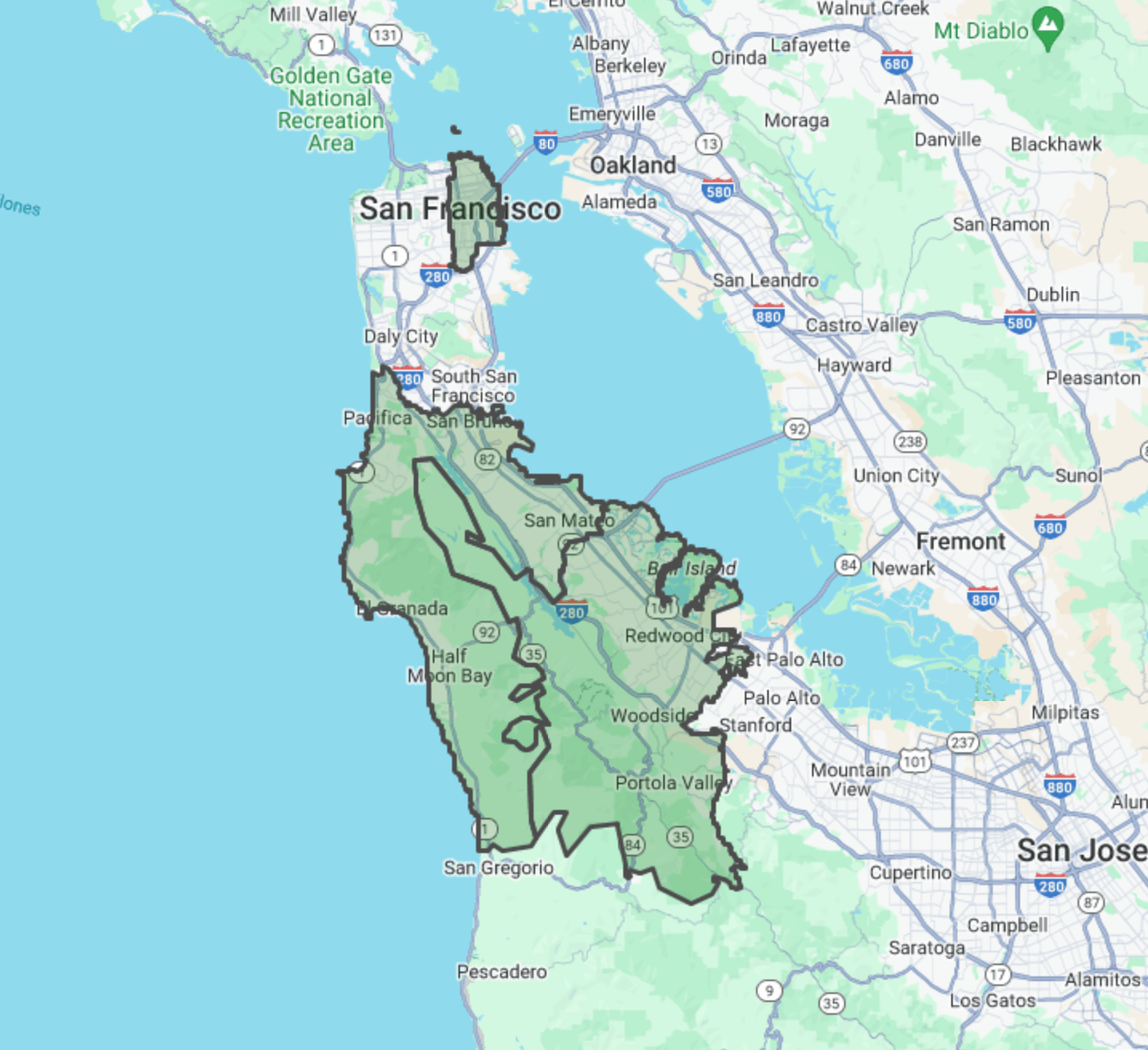 Map of the The Peninsula, CA area